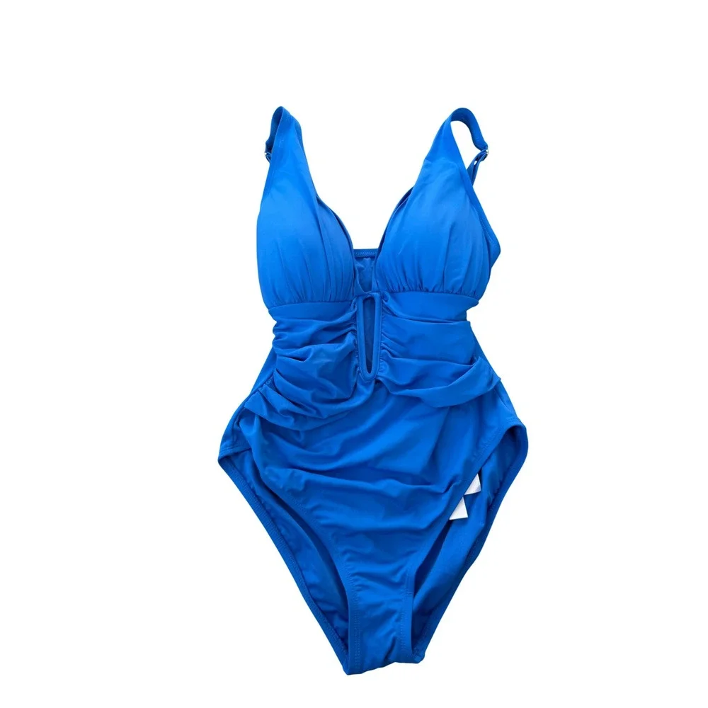 Bleu Rod Beattie Aegean Blue Ruched Keyhole One Piece Swimsuit Size 8 NEW - Picture 2 of 5